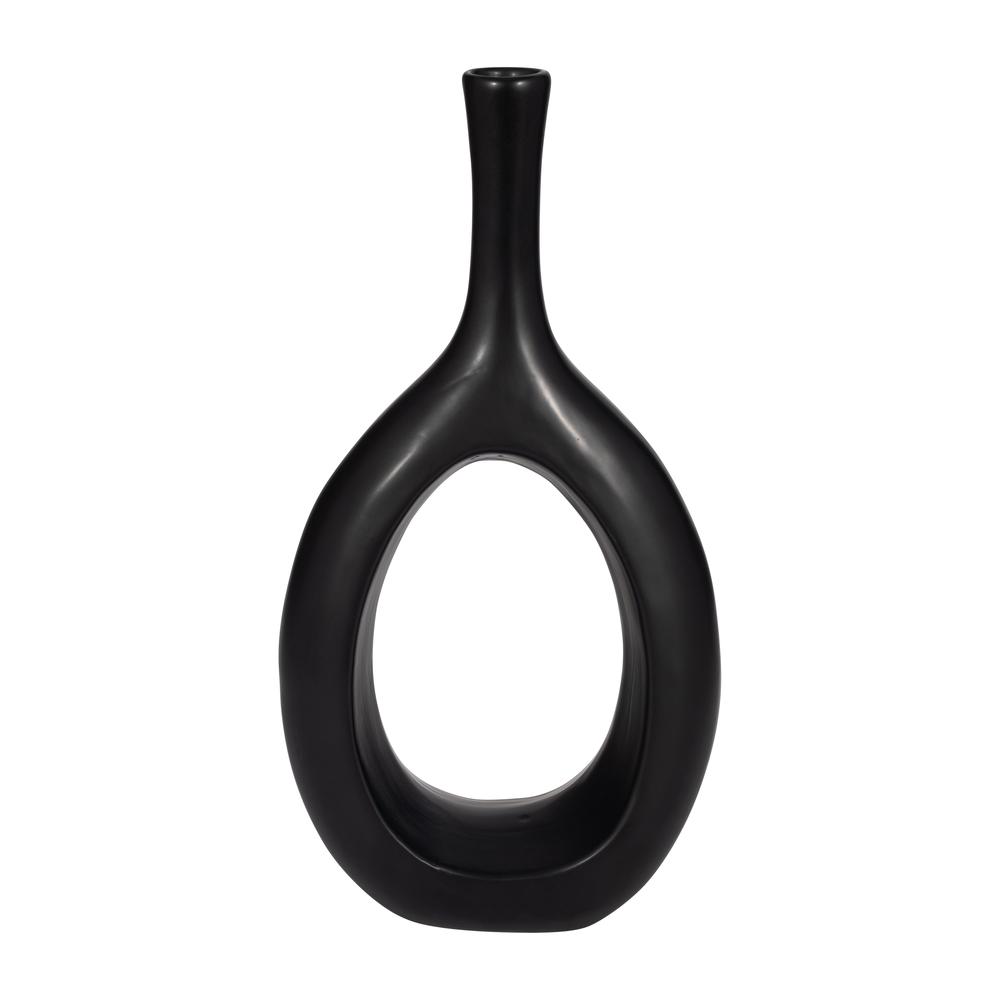 Cer, 12" Curved Open Cut Out Vase, Black. Picture 1