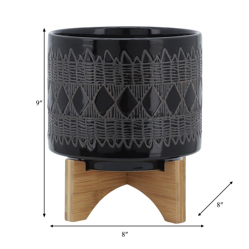 Ceramic 8" Aztec Planter On Wooden Stand, Black. Picture 9