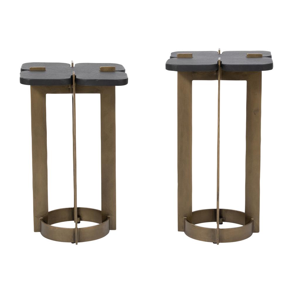 Metal, S/2 22/24" Stone Top Side Tables, Gold/blk. Picture 1