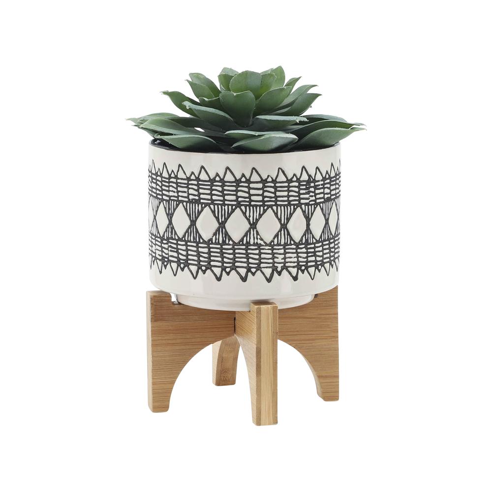 Cer, S/2 5/8" Aztec Planter On Wooden Stand, Gray. Picture 4