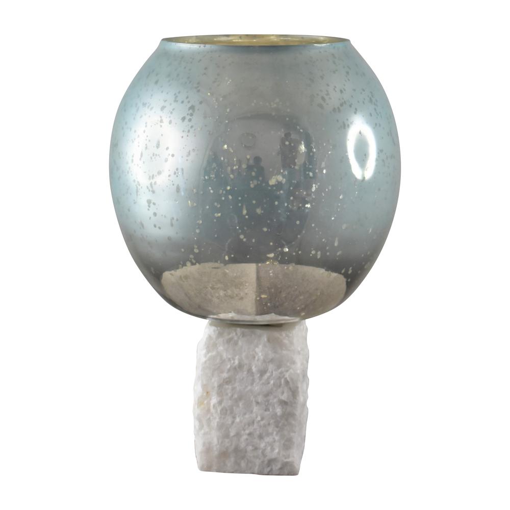 Glass, 15" Bowl Pillar Holder Marble Base, Aqua/wh. Picture 1