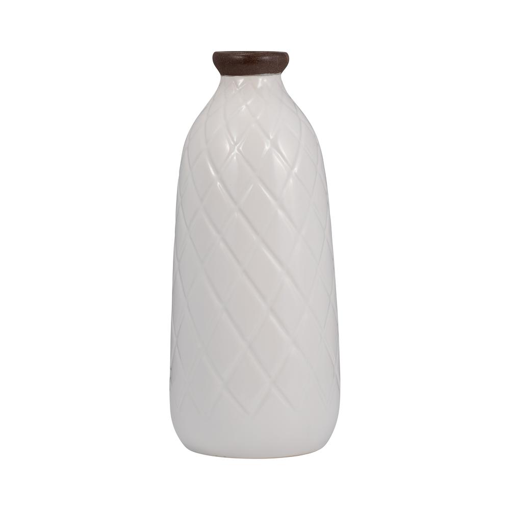 Cer, 12" Plaid Textured Vase, White. Picture 1