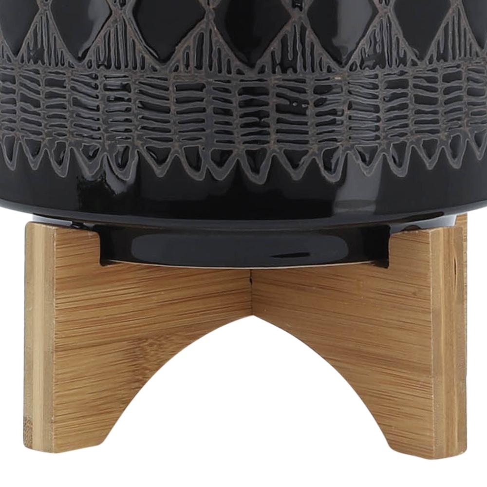 Ceramic 8" Aztec Planter On Wooden Stand, Black. Picture 7