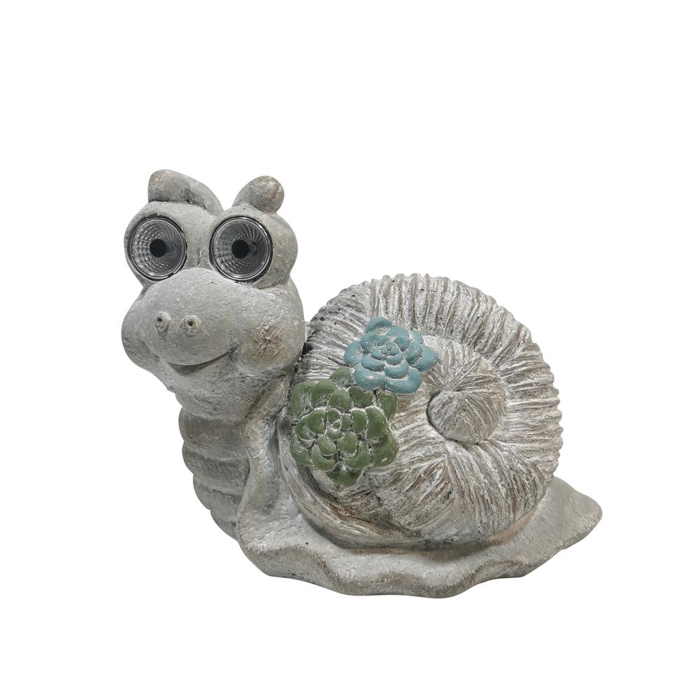 12" Snail With Succulents And Solar Eyes, Grey. Picture 2
