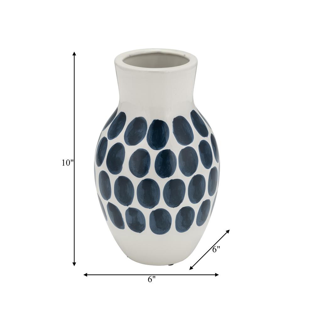 Cer, 10"h Navy Polk-a-dot Flower Vase, White. Picture 6