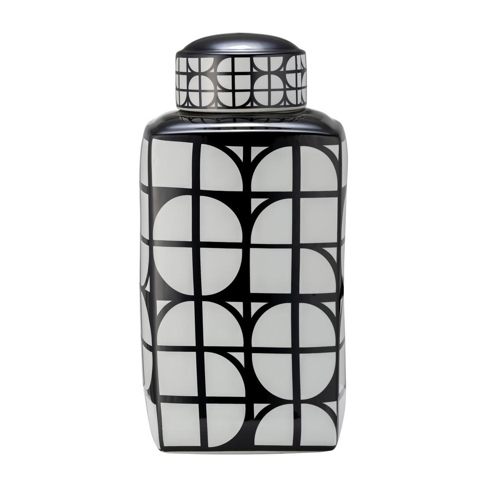 Cer, 18"h Square Jar W/ Lid, Black/white. Picture 1