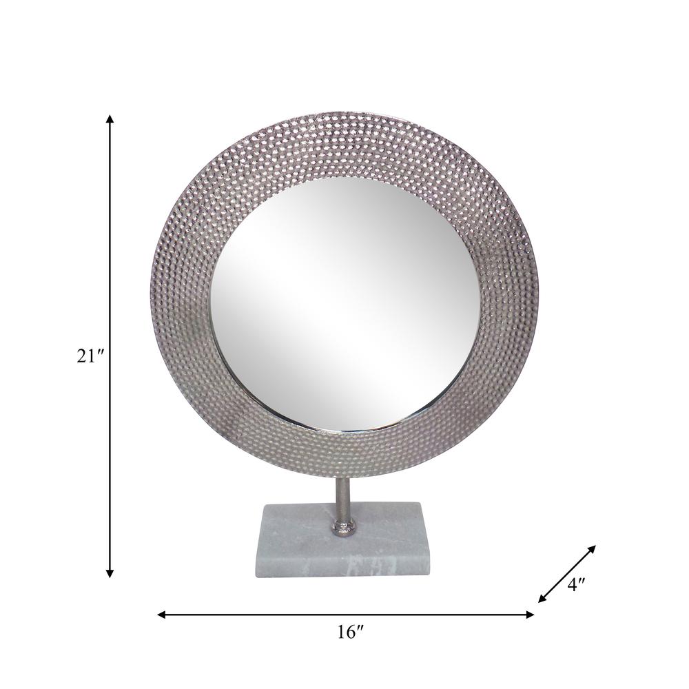 Metal 21" Hammered Mirror On Stand, Silver. Picture 2