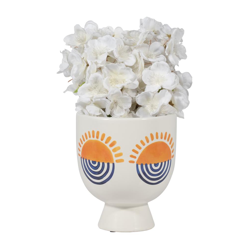 Cer, 7"h Sunrise Eyes Flower Vase, Wht/orange/blue. Picture 4