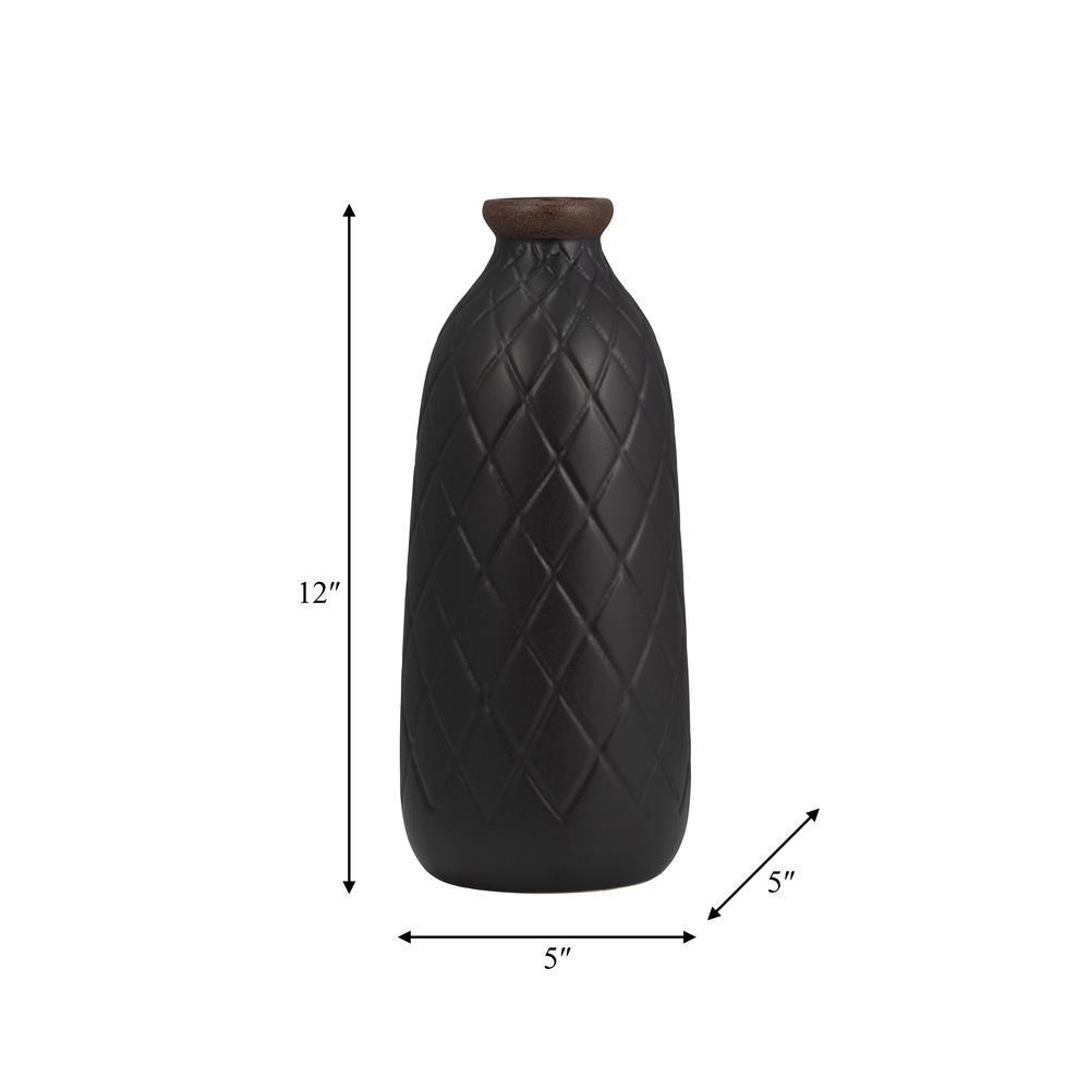 Cer, 12" Plaid Textured Vase, Black. Picture 9
