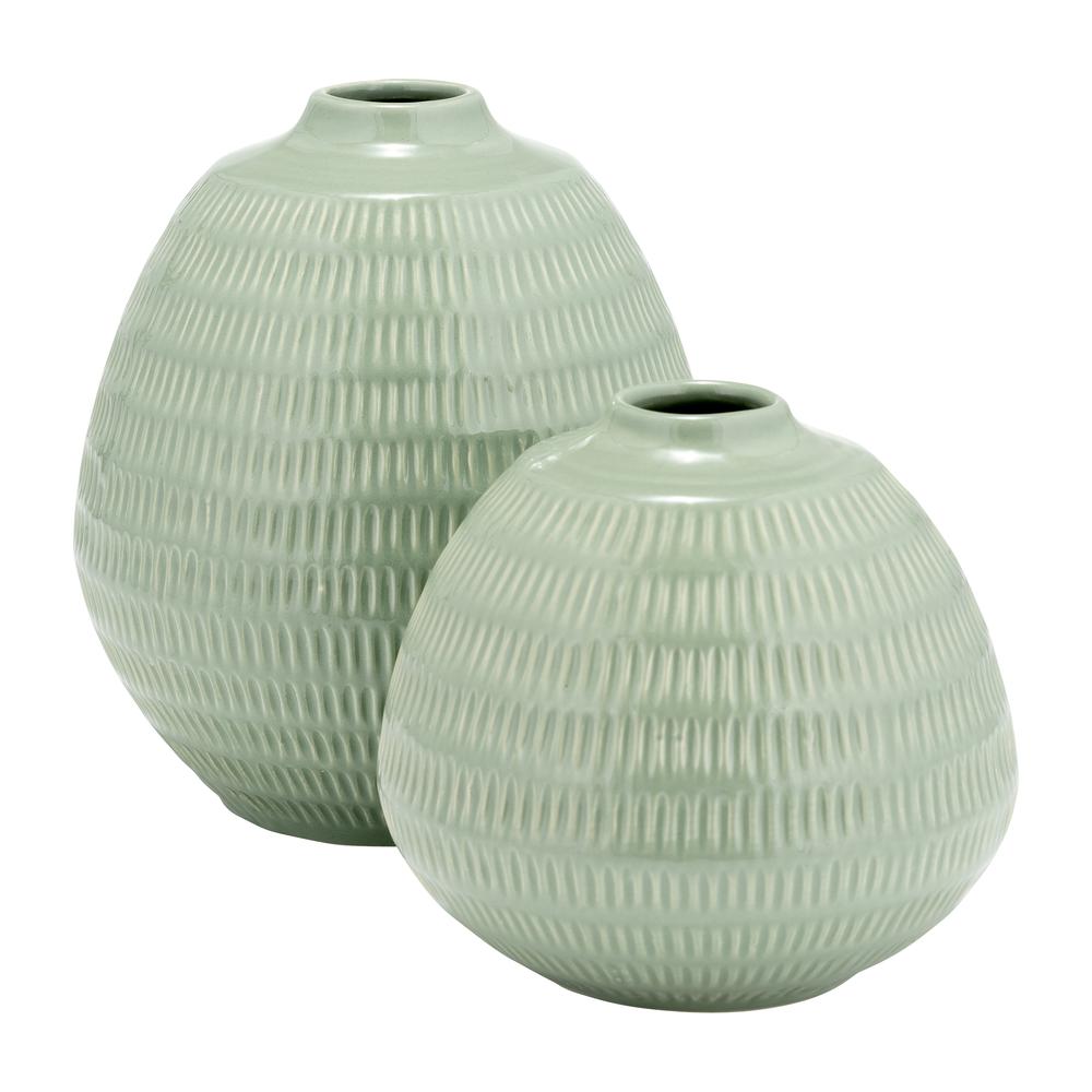 Cer,7",stripe Oval Vase,dark Sage. Picture 7