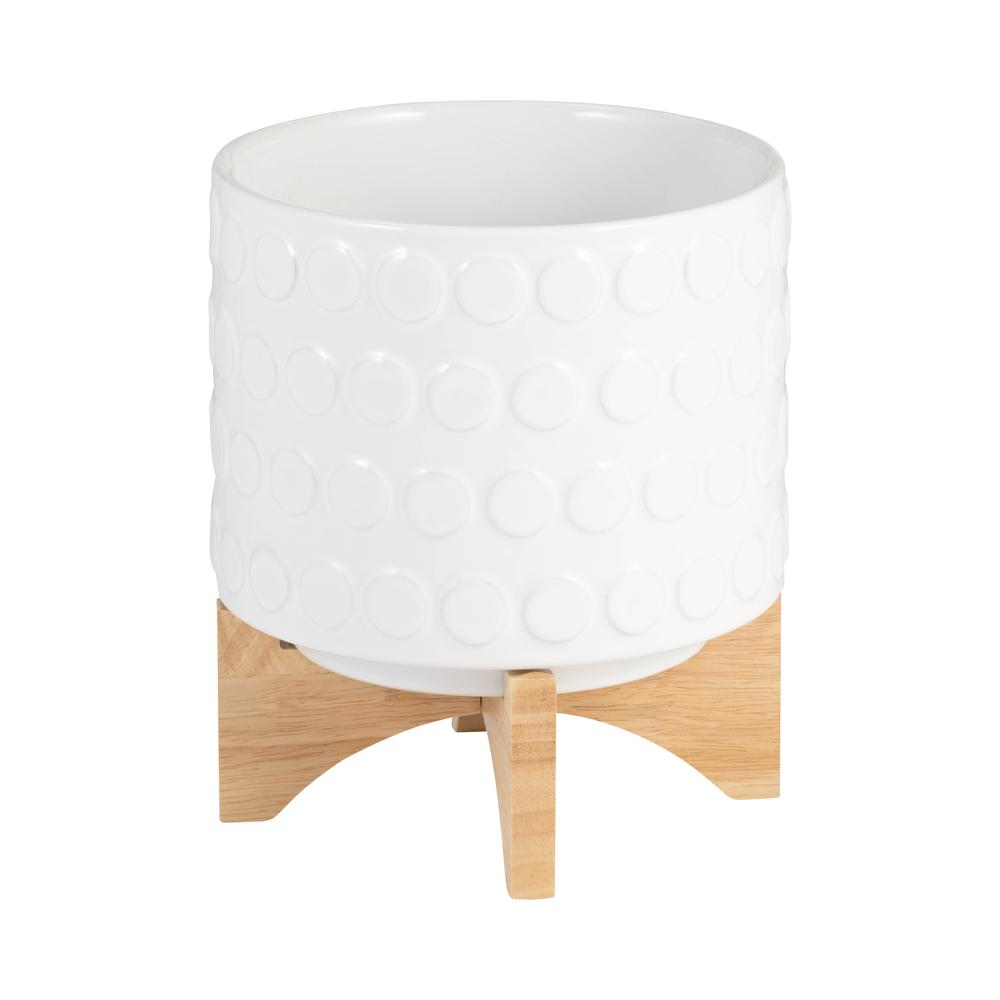 Ceramic 8" Planter On Wooden Stand, White. Picture 2