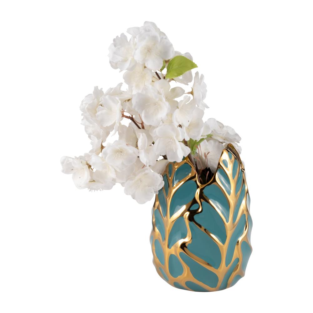Ceramic 8"h Leaf Vase, Turquoise/gold. Picture 3