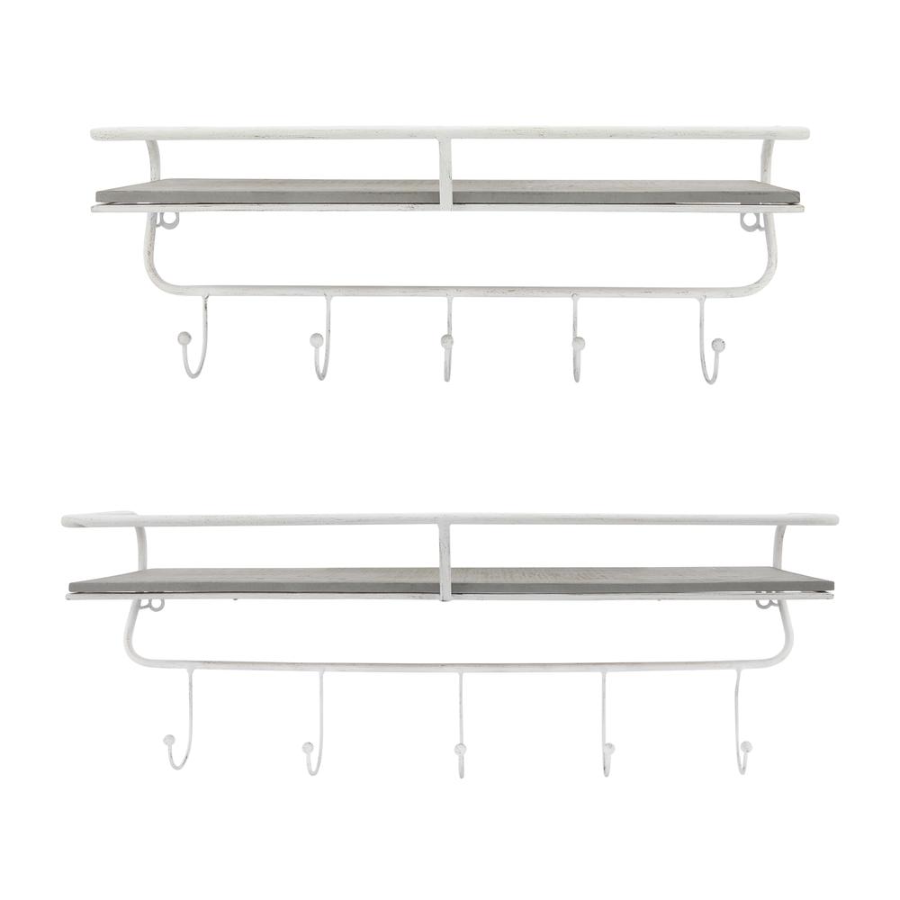 Metal/wood 20" 5  Hook Wall Shelf, White/gray. Picture 7
