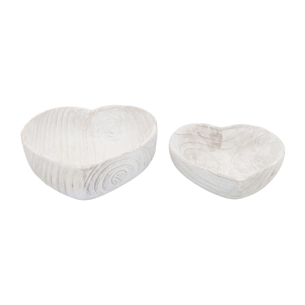 Wood, S/2 9/10" Heart Bowls, White. Picture 2