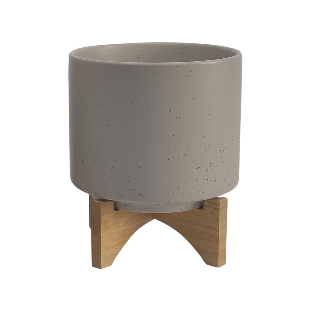 Cer, S/2 8/10"  Planter W/ Wood Stand, Matte Beige. Picture 3