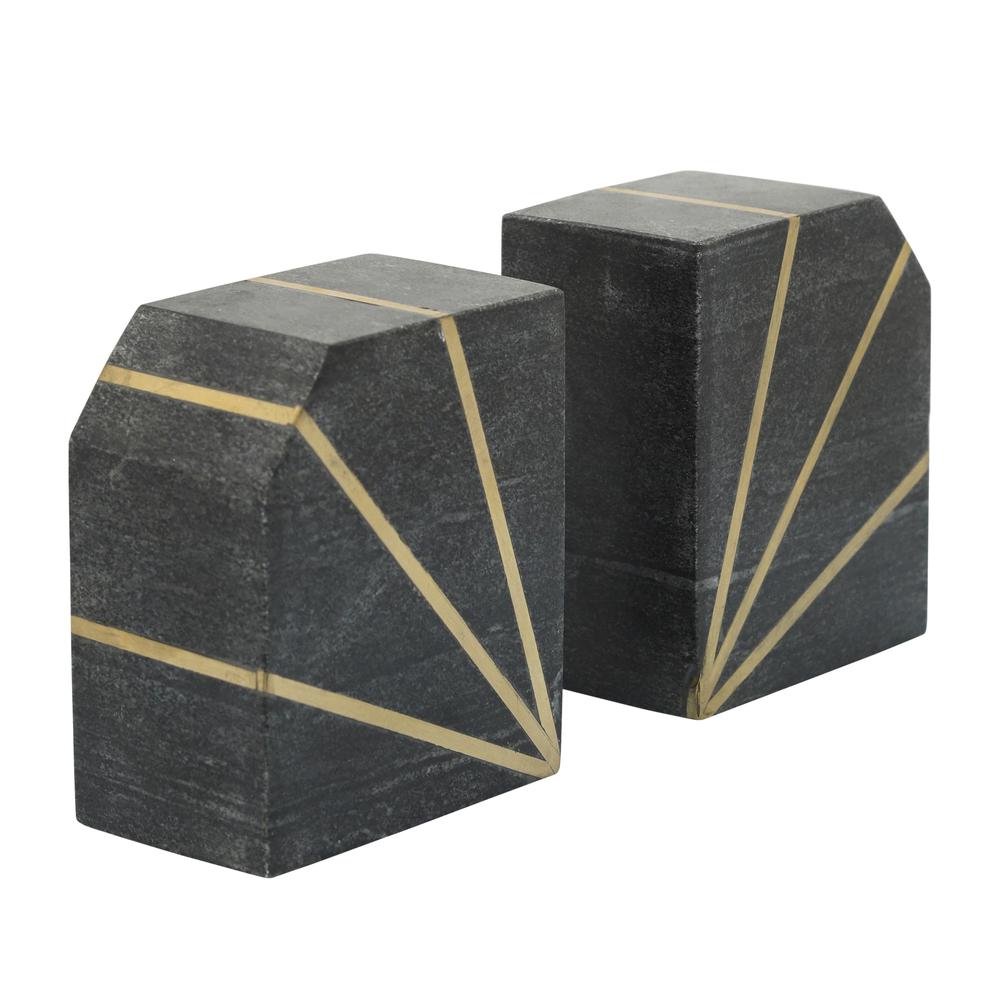 S/2marble 5"h Polished Bookends W/gold Inlays, Blk. Picture 1
