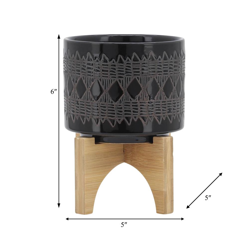 Ceramic 5" Aztec Planter On Wooden Stand, Black. Picture 9