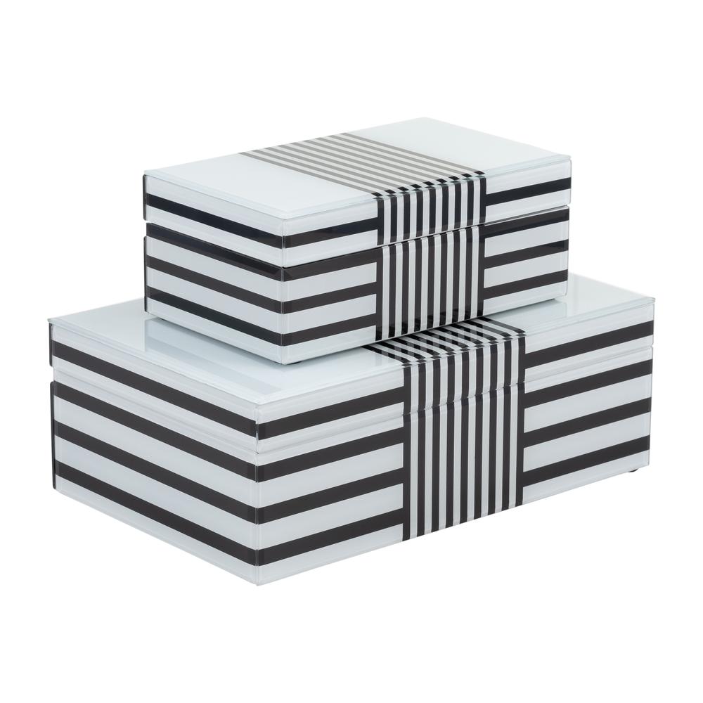 Wood, S/2 8/11" Striped Boxes, Black/white. Picture 2
