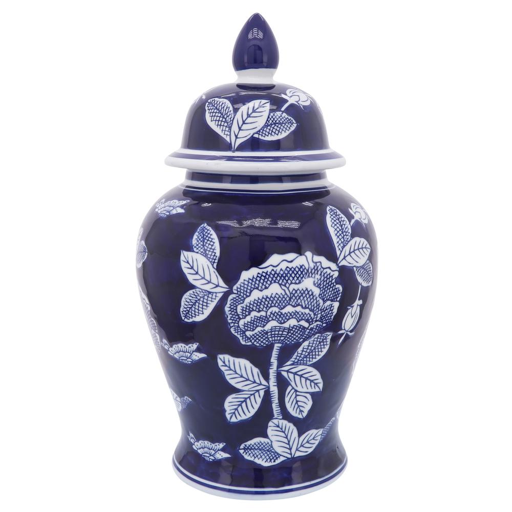 Cer, 18"h Flower Temple Jar, Wht/blu. Picture 1