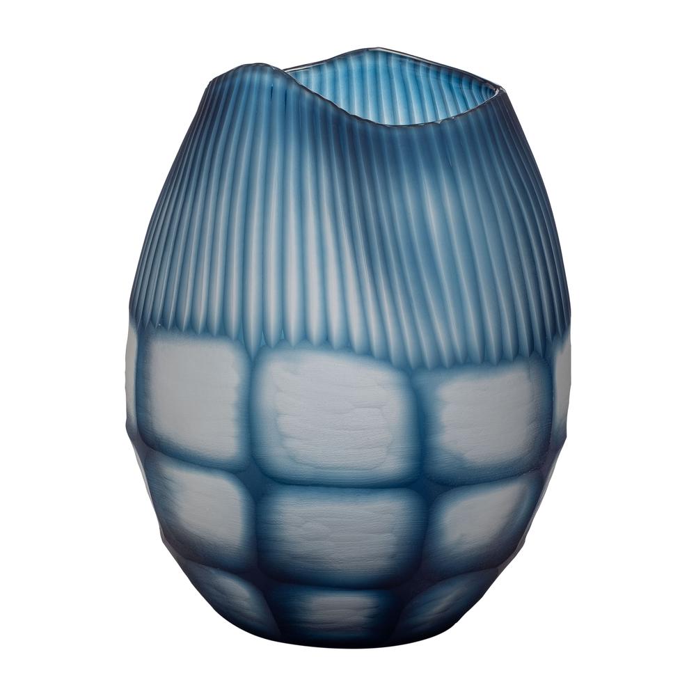 Glass, 12" Carved Vase Blue. Picture 2