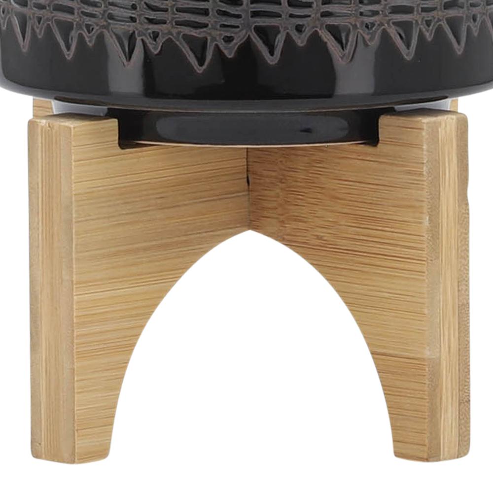 Ceramic 5" Aztec Planter On Wooden Stand, Black. Picture 7