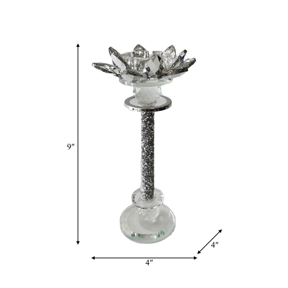 Glass, 9"h Lotus Glitter Candle Holder, Silver. Picture 2