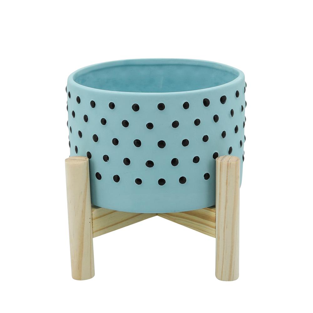 6" Dotted Planter W/ Wood Stand, Blue. Picture 1