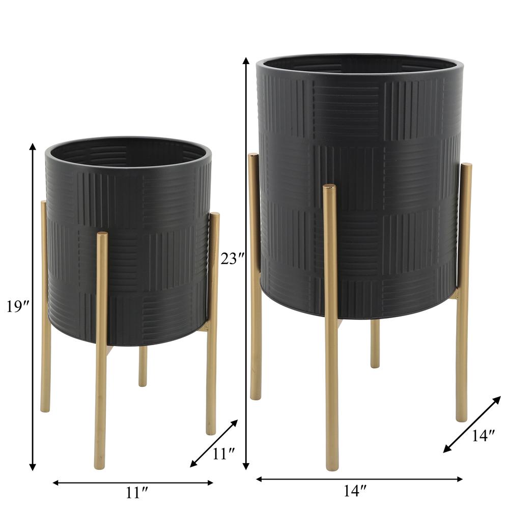 S/2 Planter W/ Lines On Metal Stand, Black/gold. Picture 5