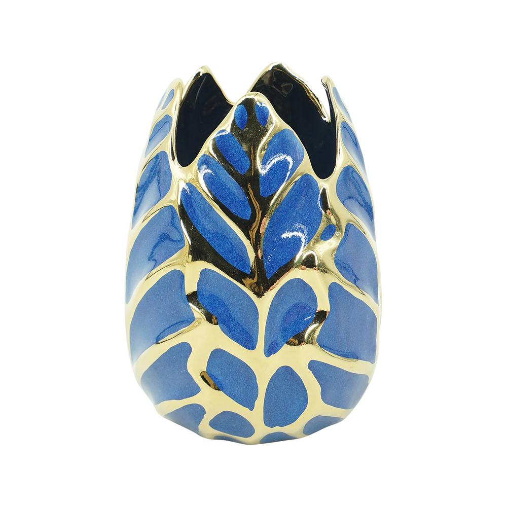 Ceramic 8" Leaf Vase, Navy/gold. Picture 1