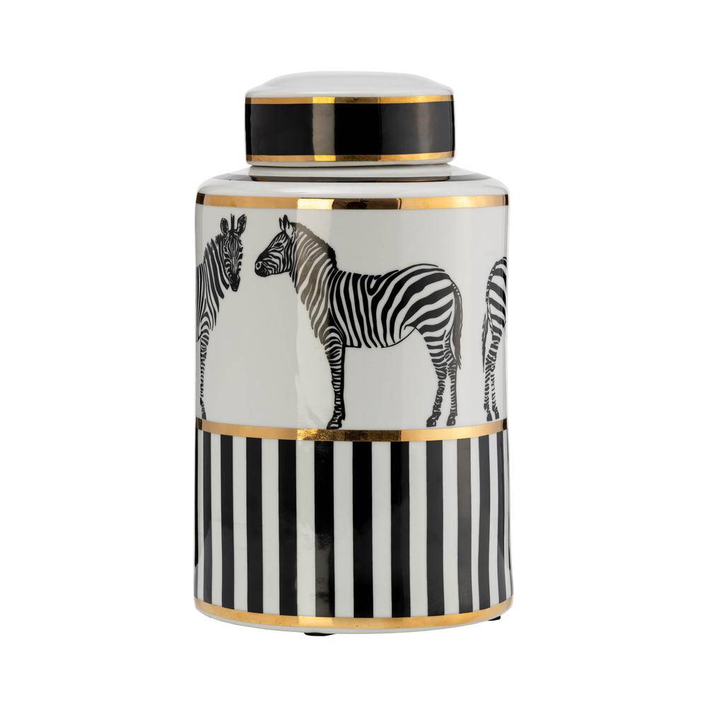 Cer, 12"h Zebra Jar W/ Lid, White/gold. Picture 1