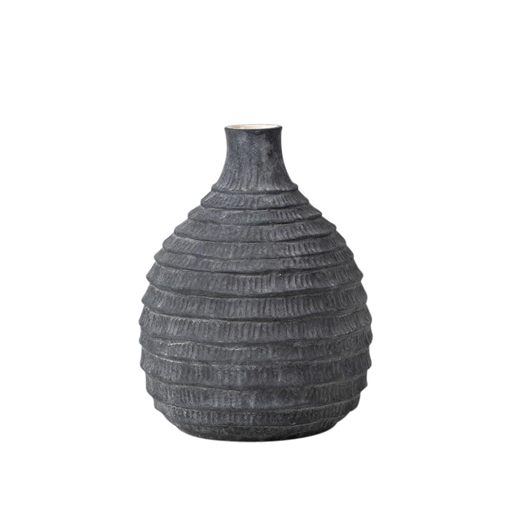 12" Faded Ribbed Bulbous Vase, Black. Picture 1