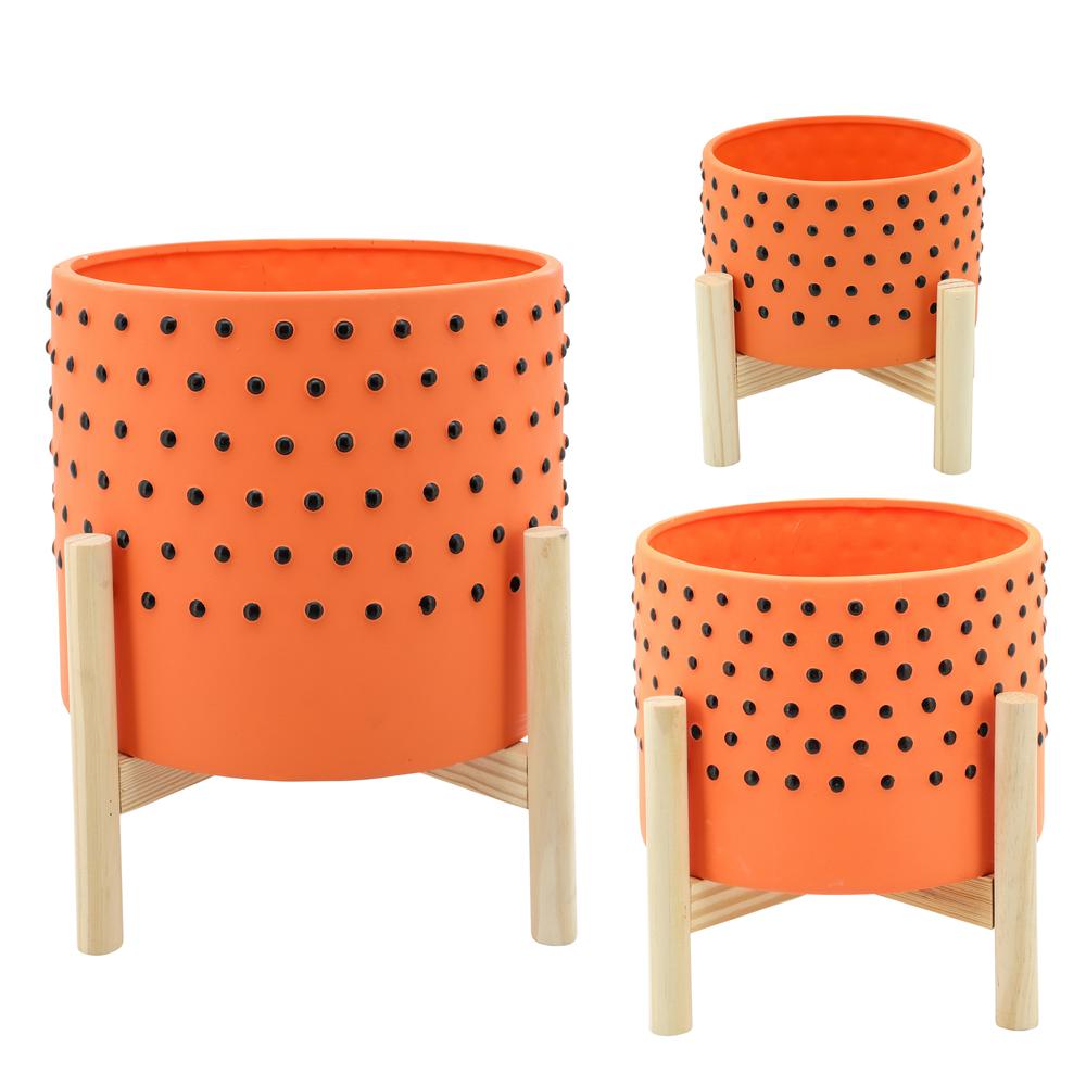 10" Dotted Planter W/ Wood Stand, Orange. Picture 2