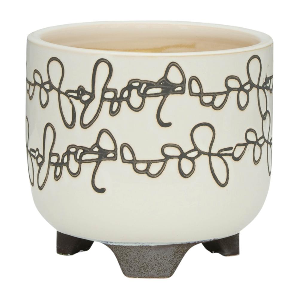 S/2 Ceramic 6/8" Scribble Footed Planter, Beige. Picture 2