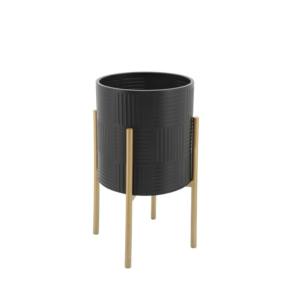 S/2 Planter W/ Lines On Metal Stand, Black/gold. Picture 3