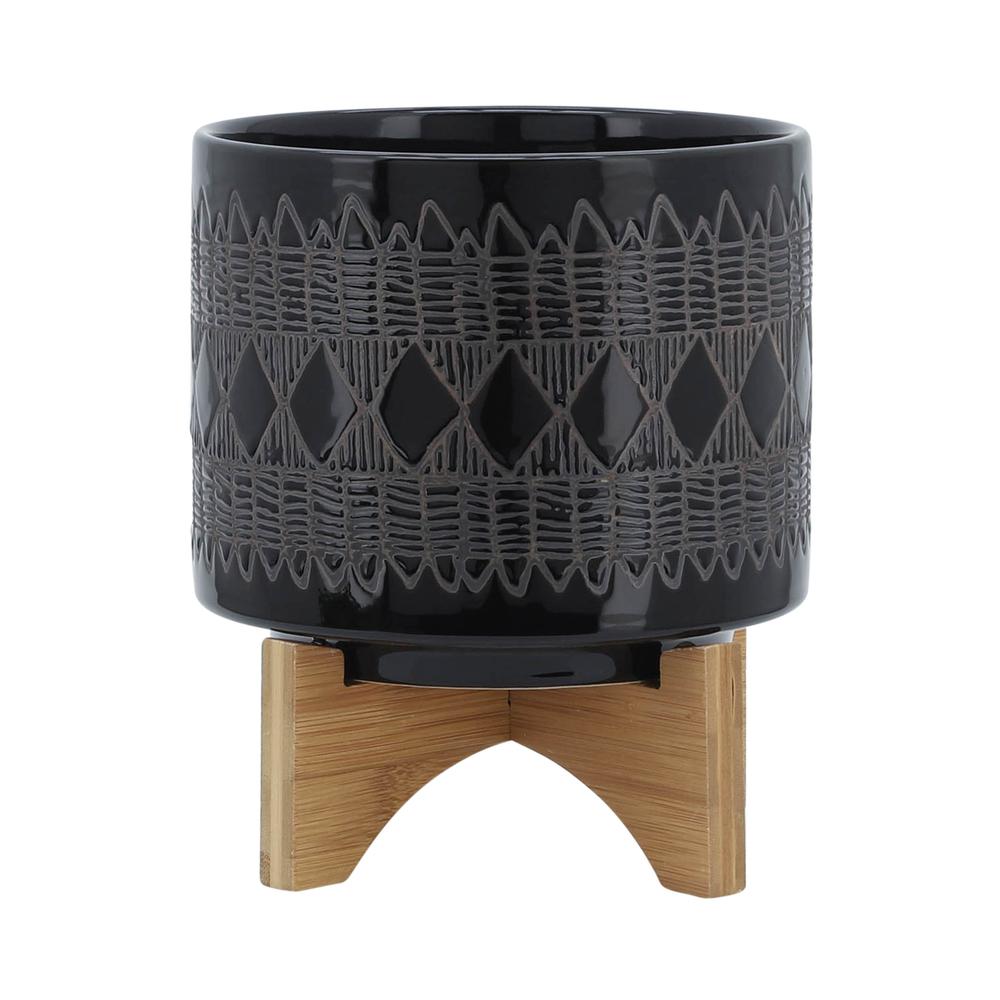 Ceramic 8" Aztec Planter On Wooden Stand, Black. Picture 1
