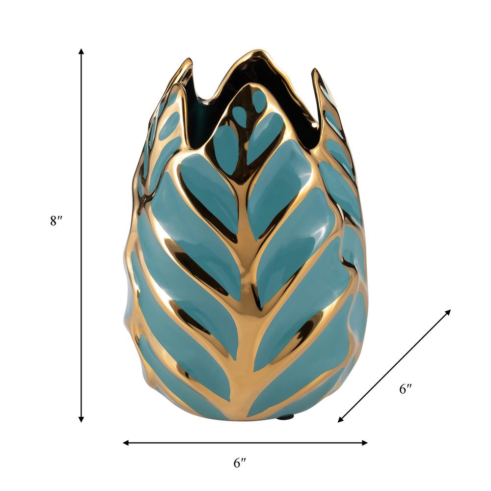 Ceramic 8"h Leaf Vase, Turquoise/gold. Picture 7