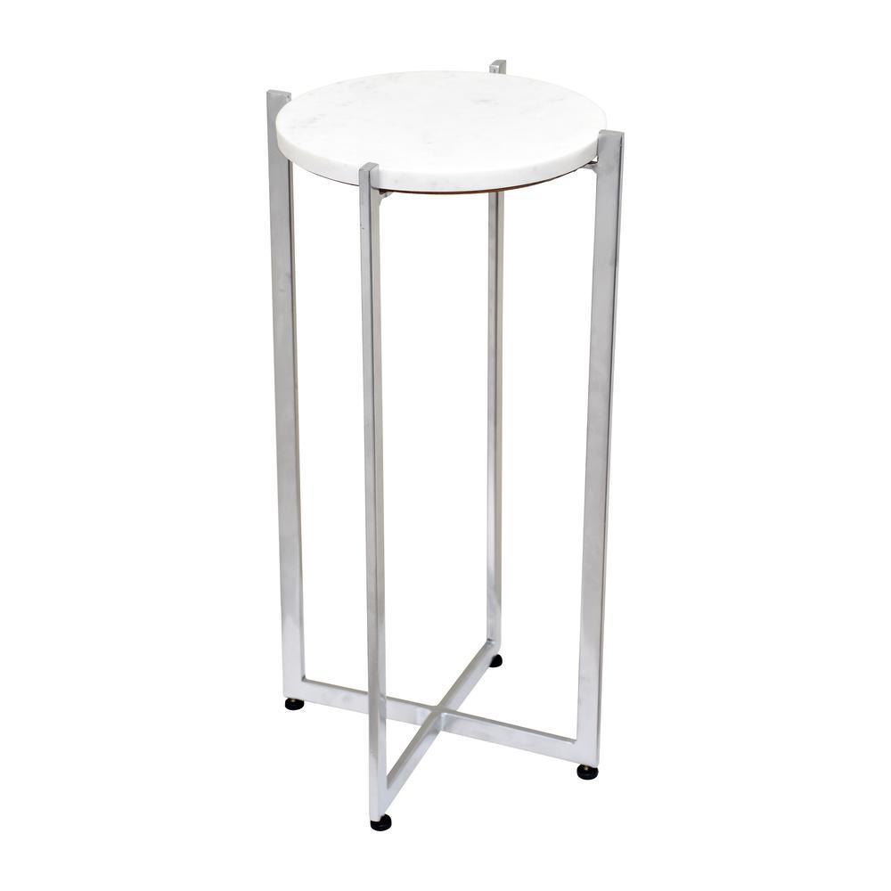 Metal, 23" Round Marble Top Accent Table, Silver. Picture 1