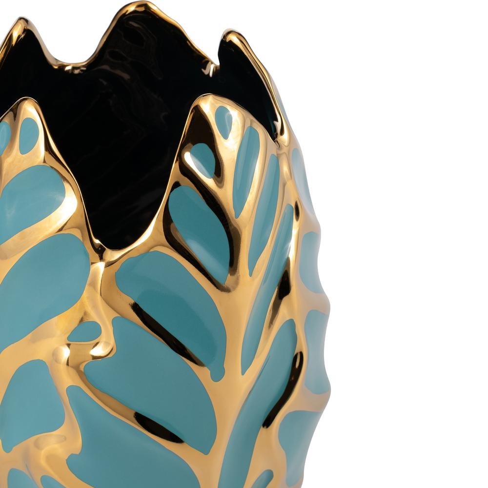 Ceramic 8"h Leaf Vase, Turquoise/gold. Picture 6