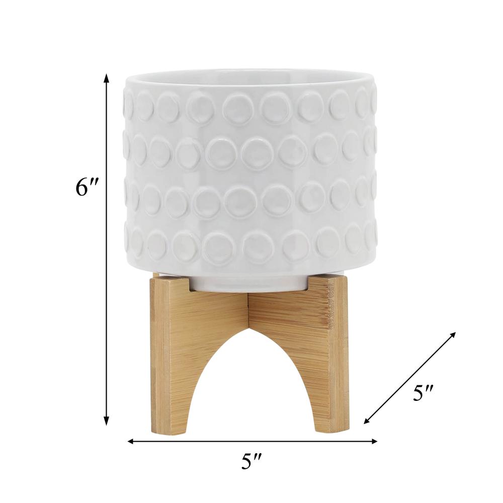 Ceramic 5" Planter On Wooden Stand, White. Picture 8