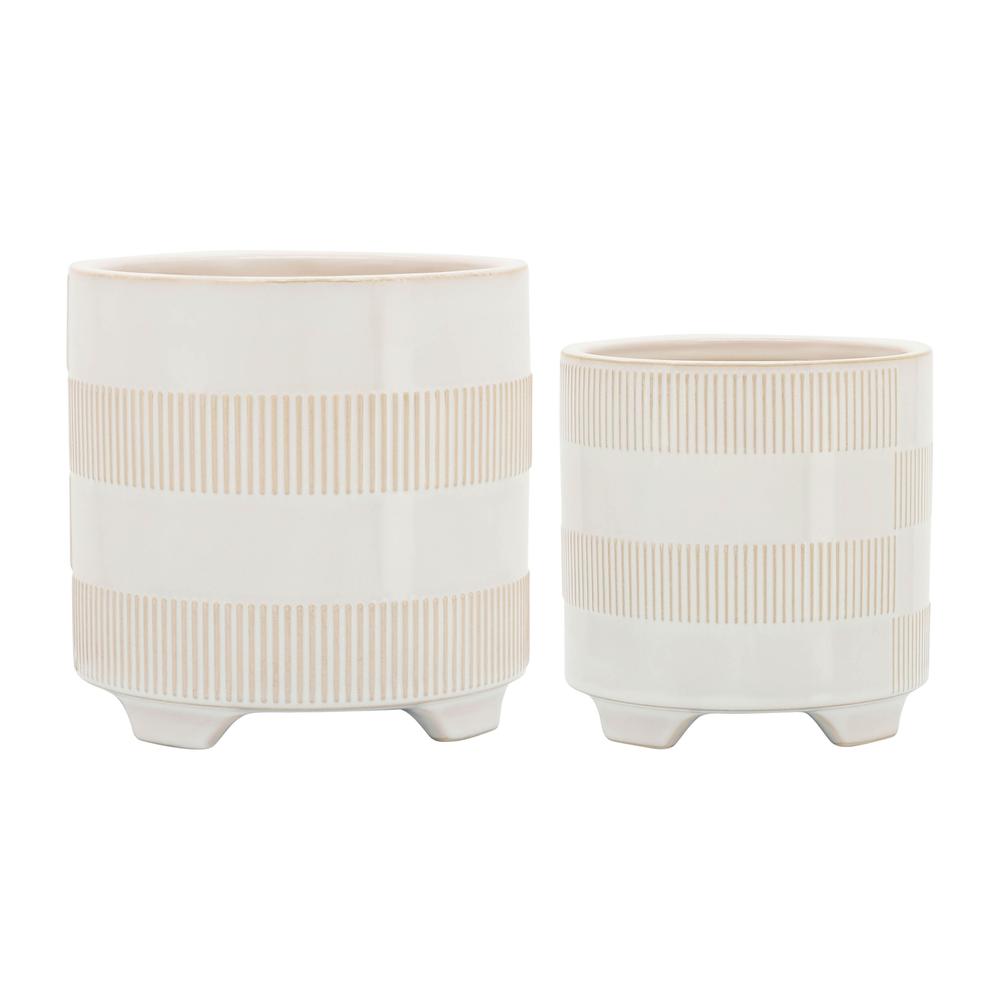 Cer, S/2 6/8" Textured Footed Planters, Beige. Picture 1