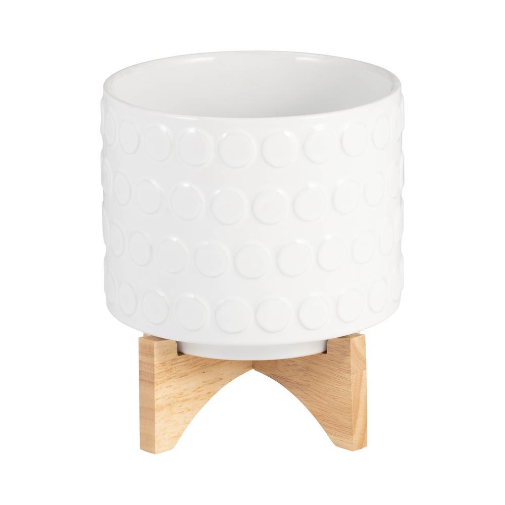 Ceramic 8" Planter On Wooden Stand, White. Picture 1