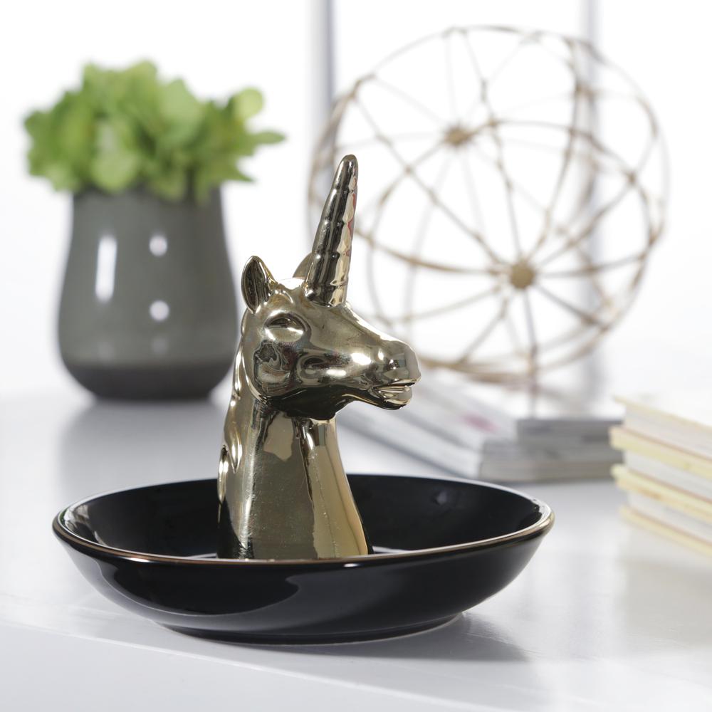 Ceramic 6" Unicorn Trinket Tray, Black/gold. Picture 4