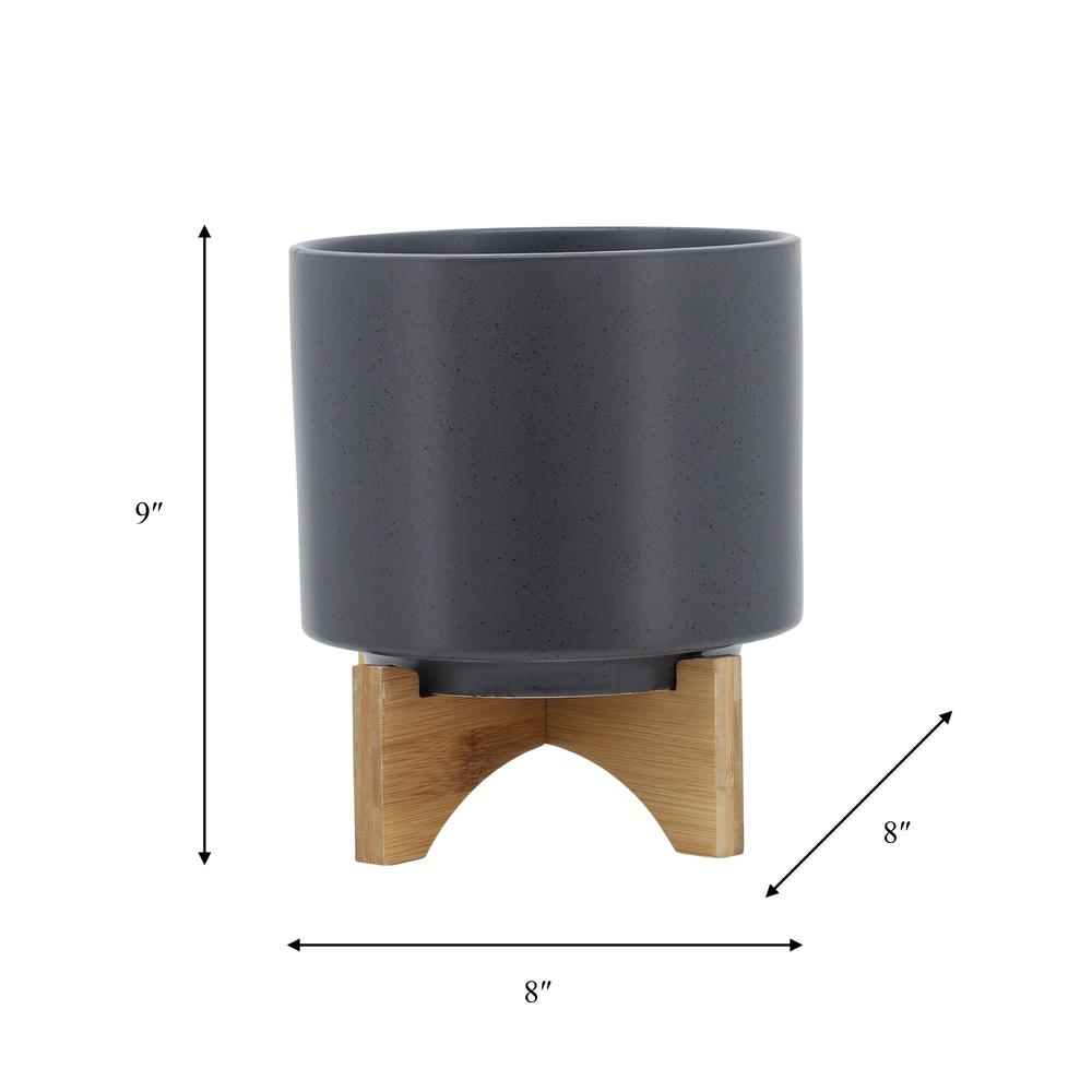 8" Planter W/ Wood Stand, Matte Gray. Picture 9