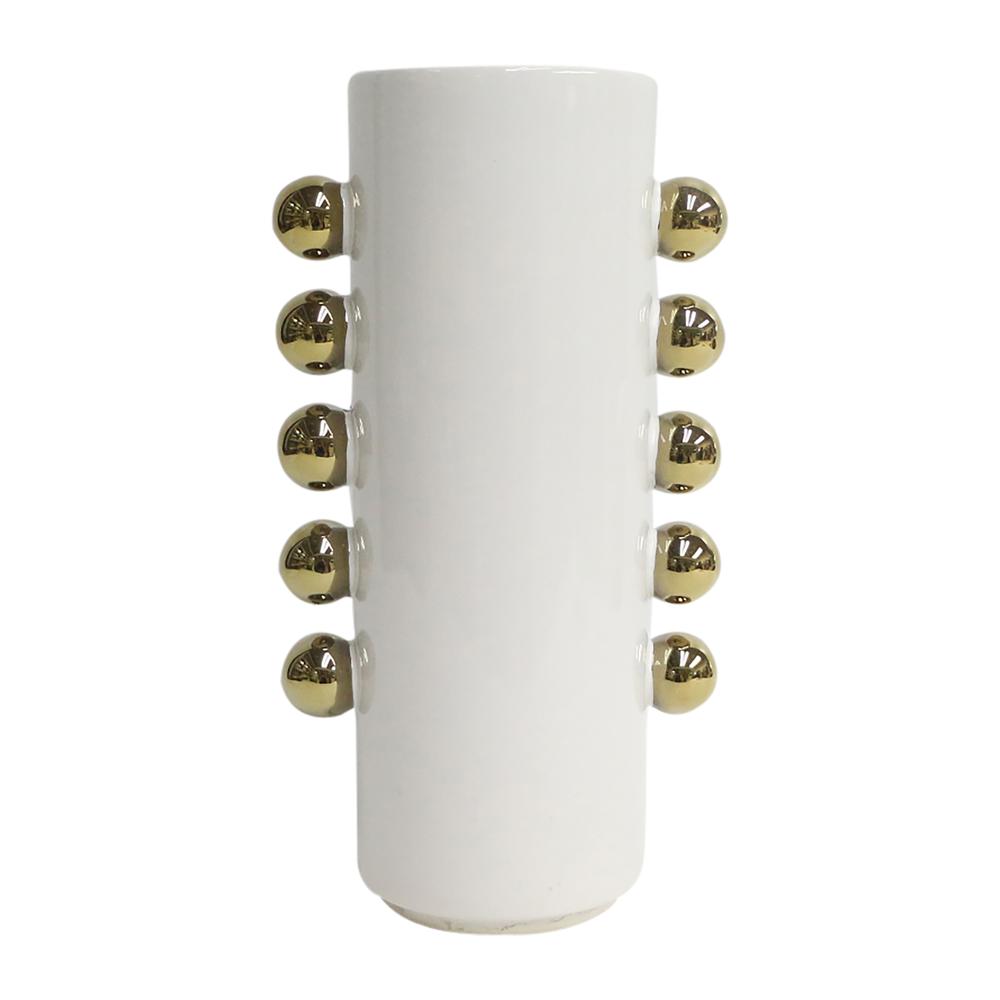 Cer, 13" Vase W/ Side Knobs, White/gold. Picture 1