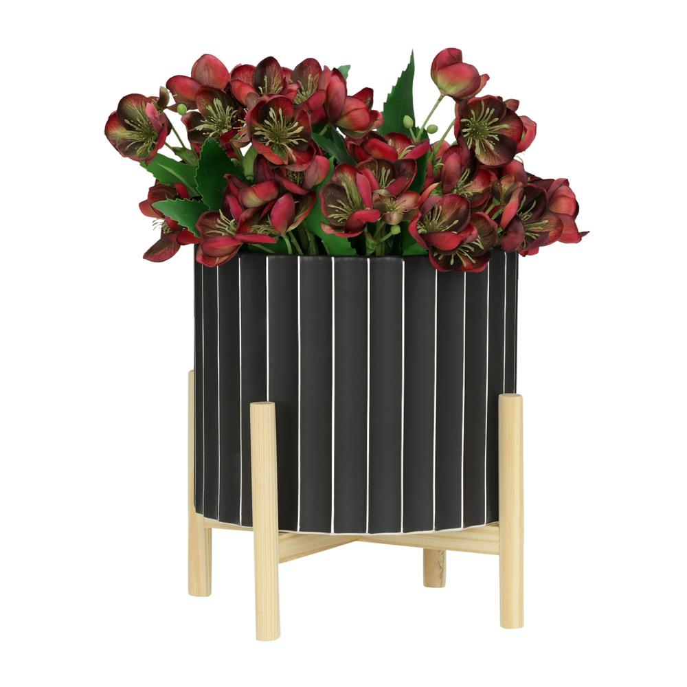 12" Ceramic Fluted Planter W/ Wood Stand, Black. Picture 4