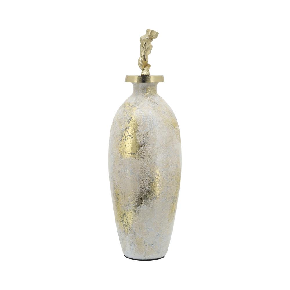 Glass, 20"h Metal Vase Tribal Topper,  White/gold. Picture 5