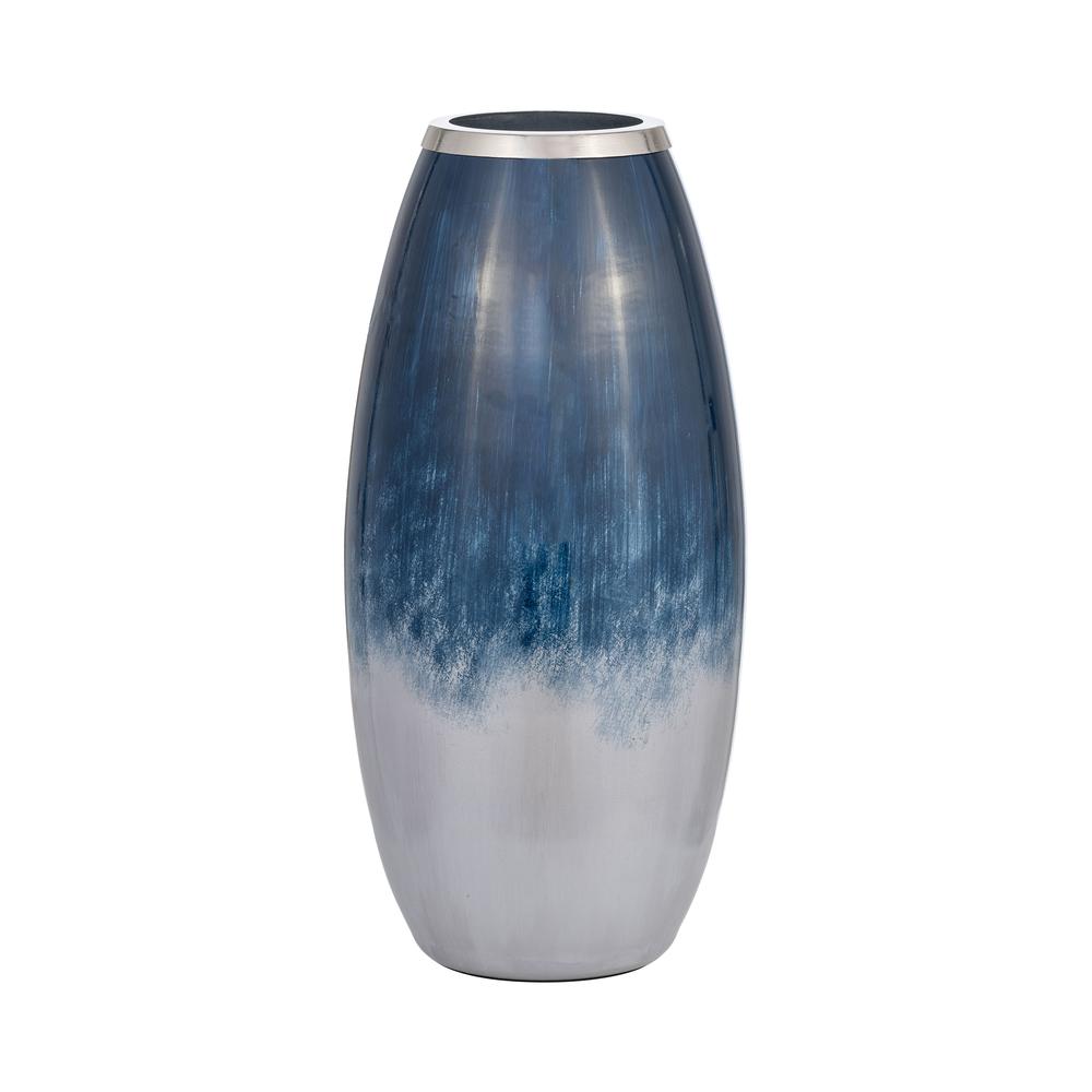 Glass,18"h Vase W/metal Rim, Blue/wht Ombre. Picture 1
