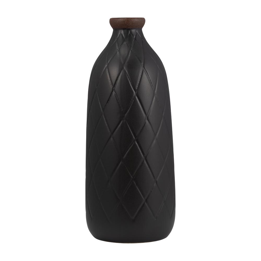 Cer, 16" Plaid Textured Vase, Black. Picture 1