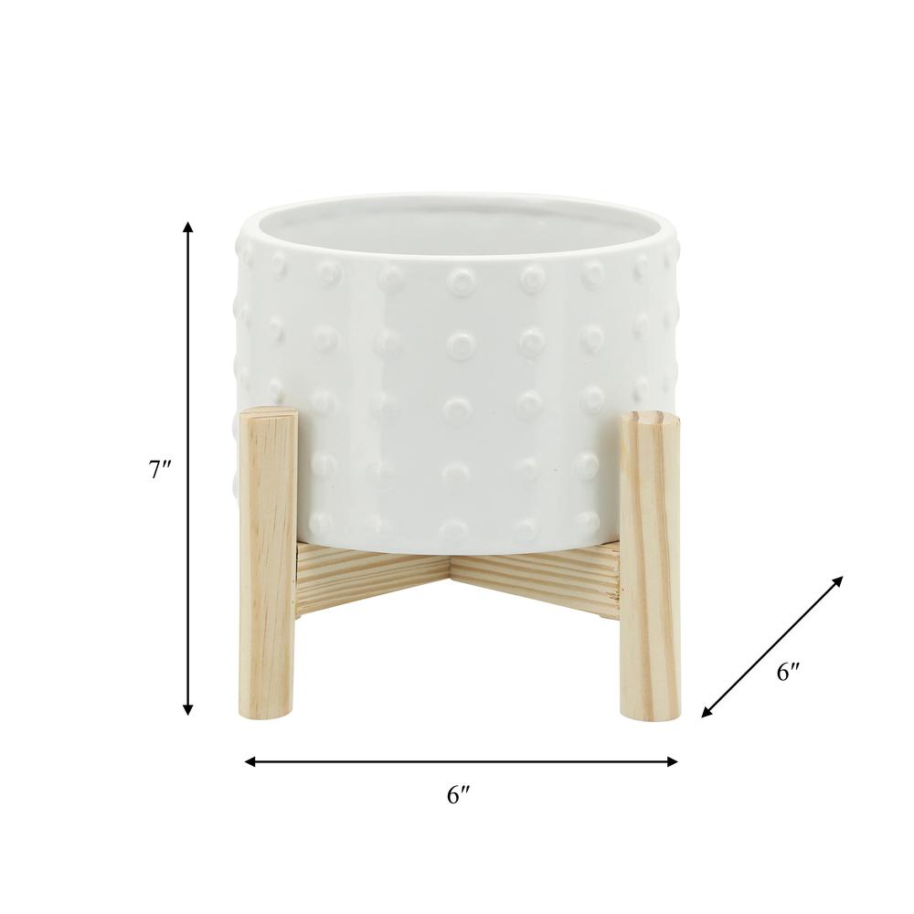 6" Ceramic Dotted Planter W/ Wood Stand, White. Picture 4