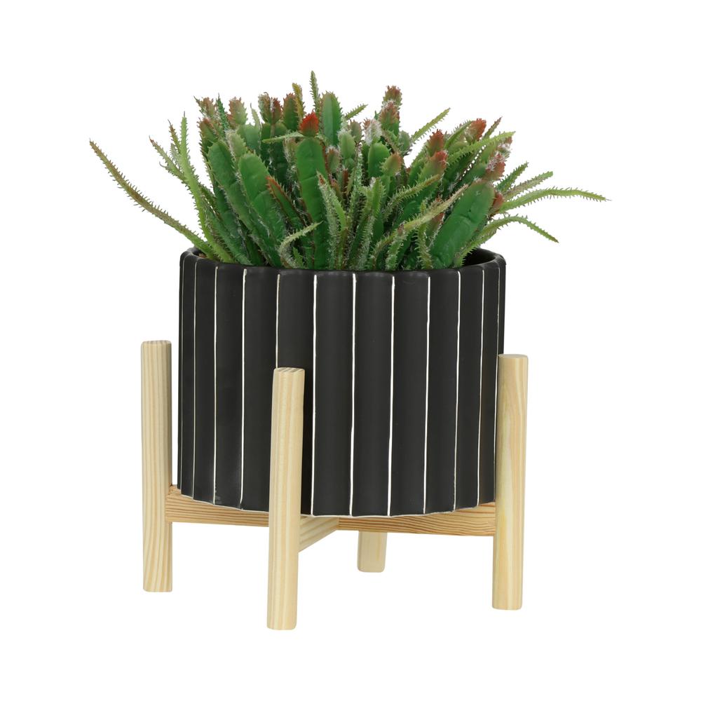 8" Ceramic Fluted Planter W/ Wood Stand, Black. Picture 4